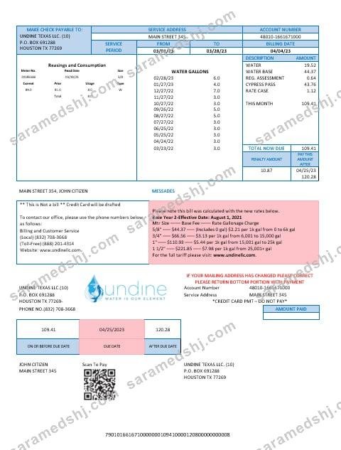 USA Texas Undine water is our element water  utility bill Word and PDF formats